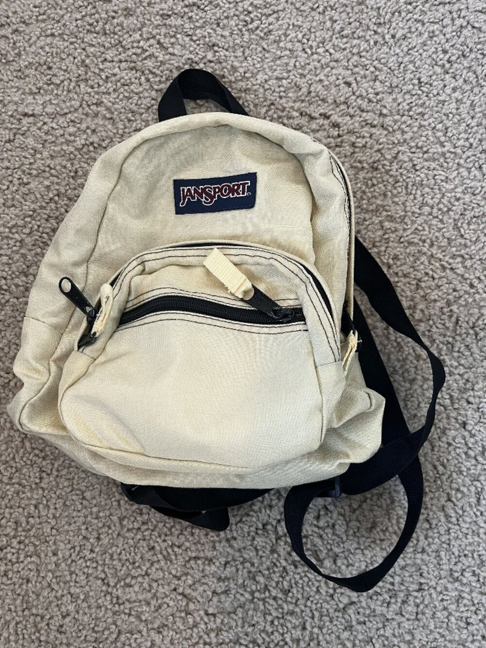 JanSport Mini Backpack Pale Yellow Canvas Small Bag Black Trim Zipper Pockets